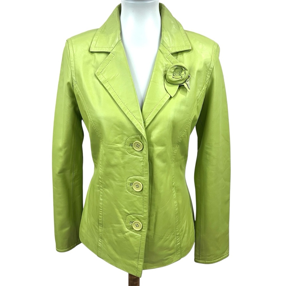 Vintage Y2K Jones New York Lime Green Chartreuse Genuine Leather Blazer Jacket